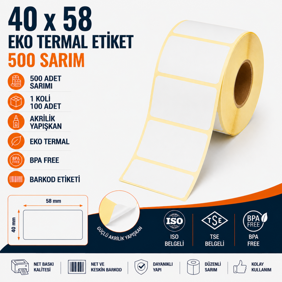 40x58 Eko Termal Etiket 500 Sarım 120 Adet 1 Koli | Resan