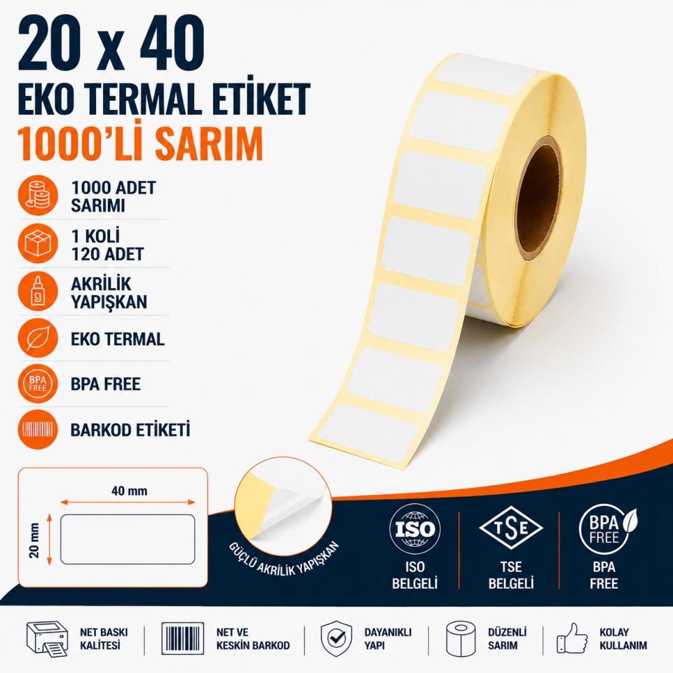 20x40 Eko Termal Etiket 1000 Sarım 100 Adet 1 Koli | Resan
