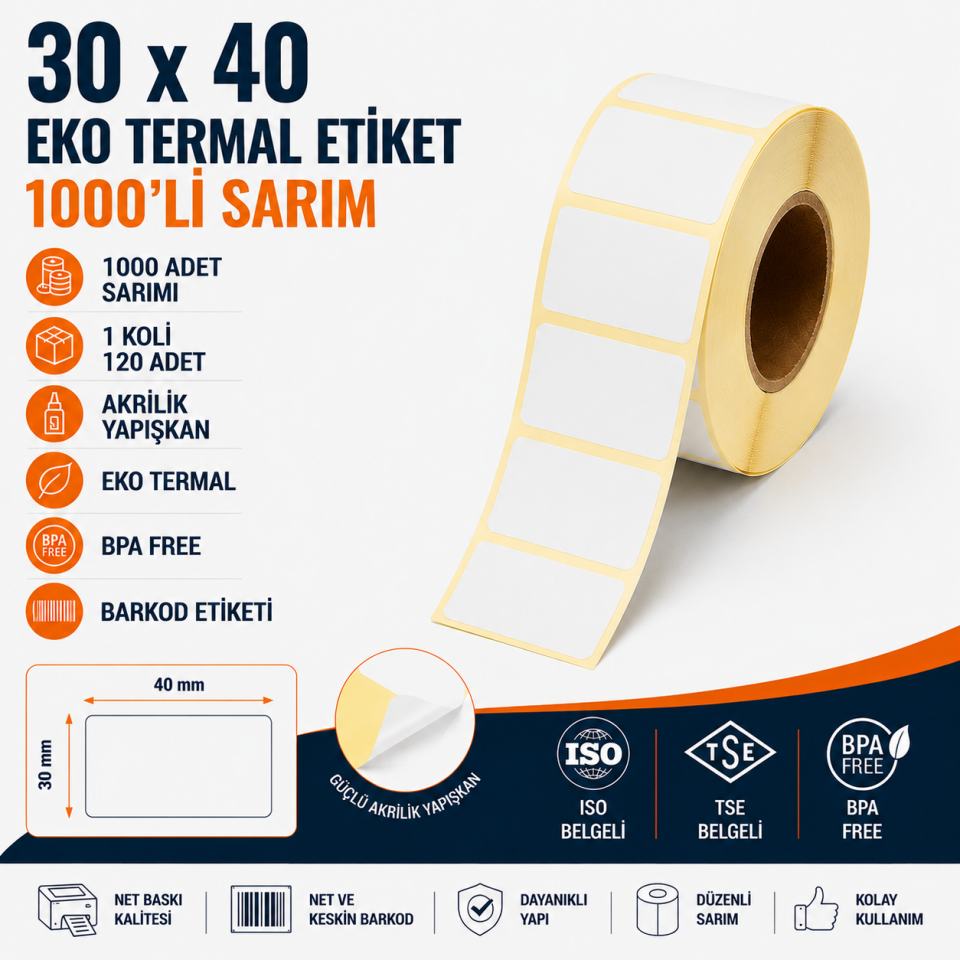 30x40 Eko Termal Etiket 1000 Sarım 100 Adet 1 Koli | Resan