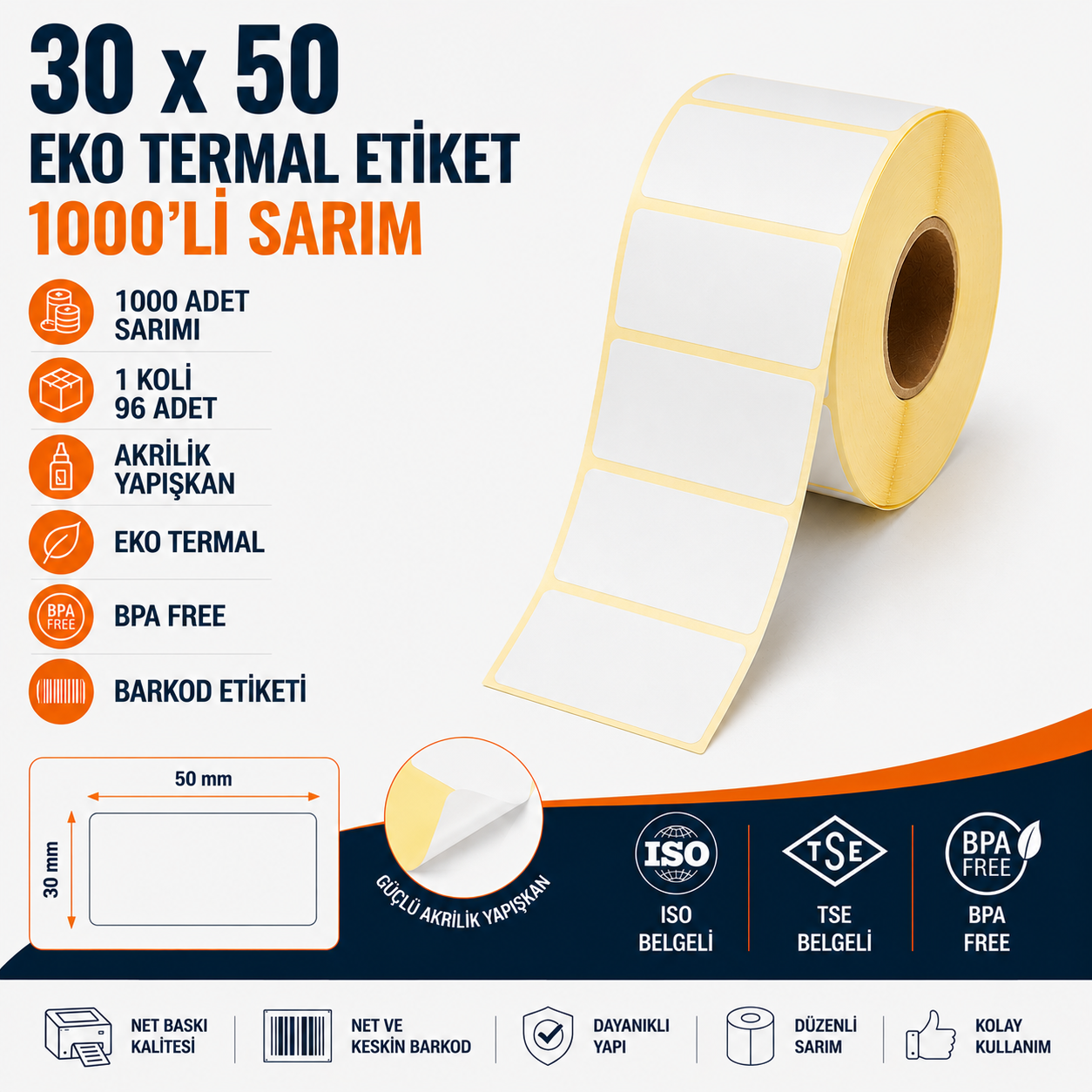 30x50 Eko Termal Etiket 1000 Sarım 100 Adet 1 Koli | Resan