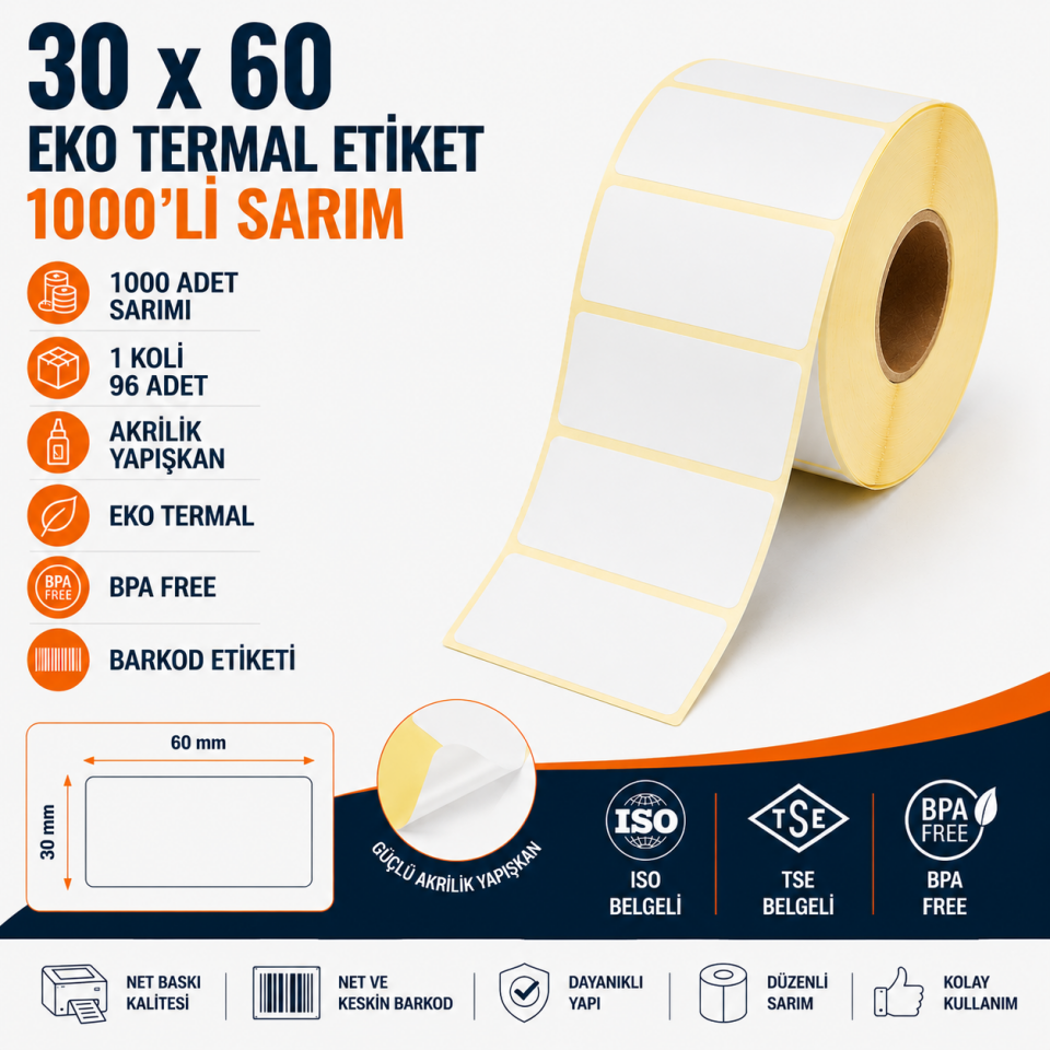 30x60 Eko Termal Etiket 1000 Sarım 96 Adet 1 Koli | Resan