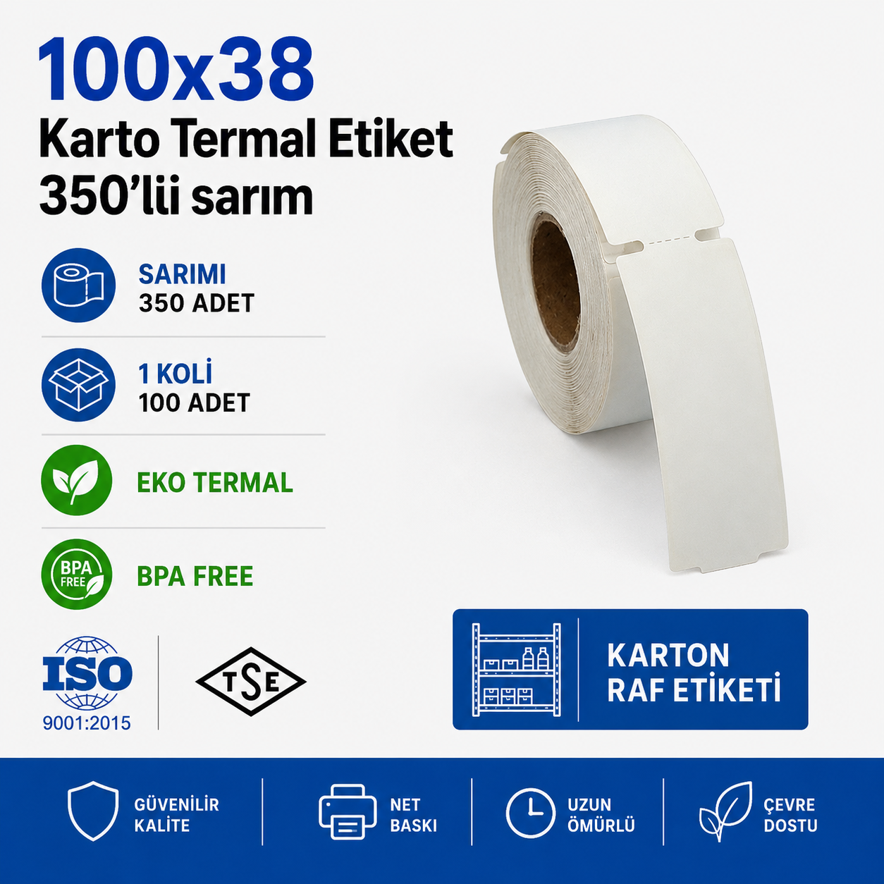 100x38 Karton Termal Etiket 350 Sarım 100Adet 1 Koli | Resan