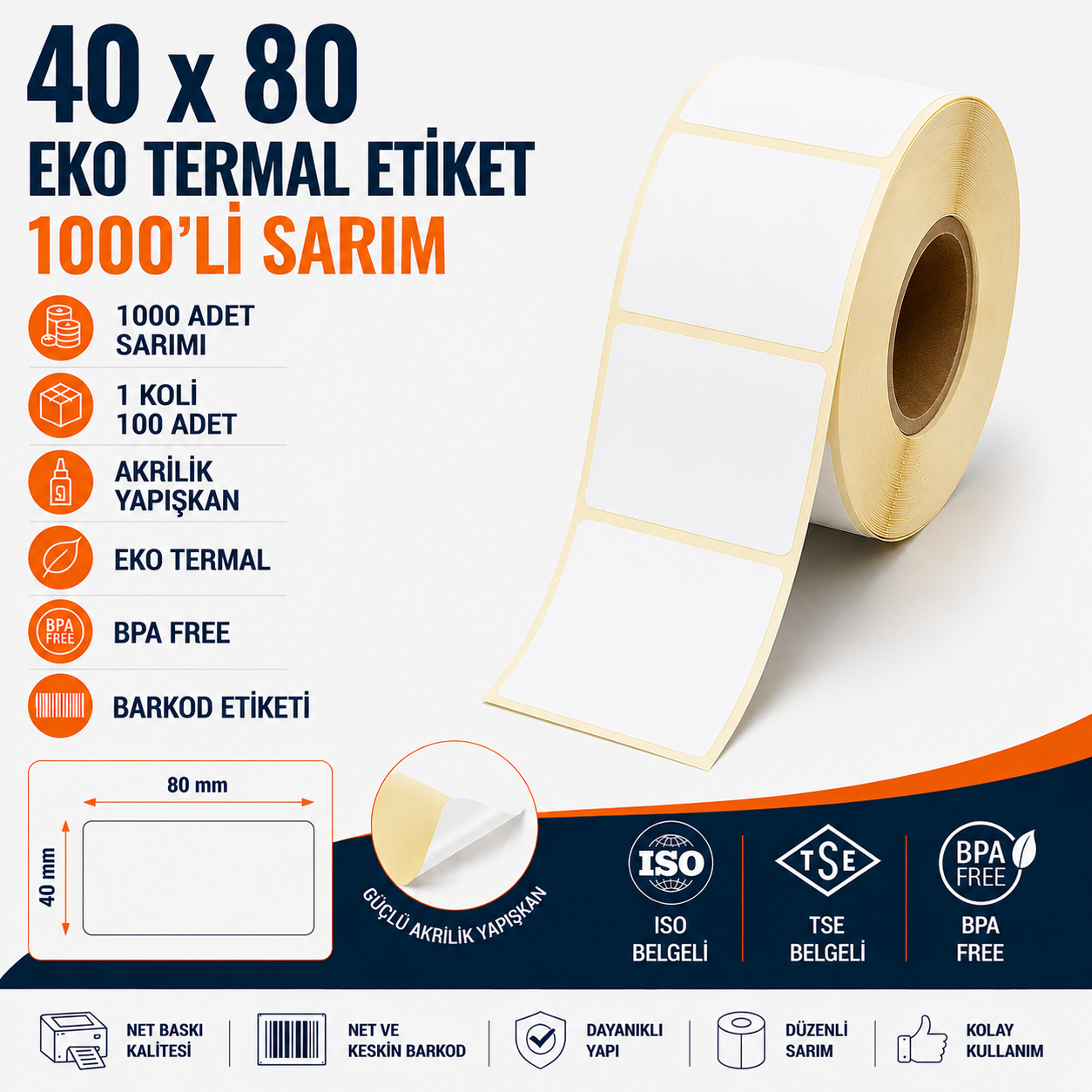 40x80 Eko Termal Etiket 1000 Sarım 100 Adet 1 Koli | Resan