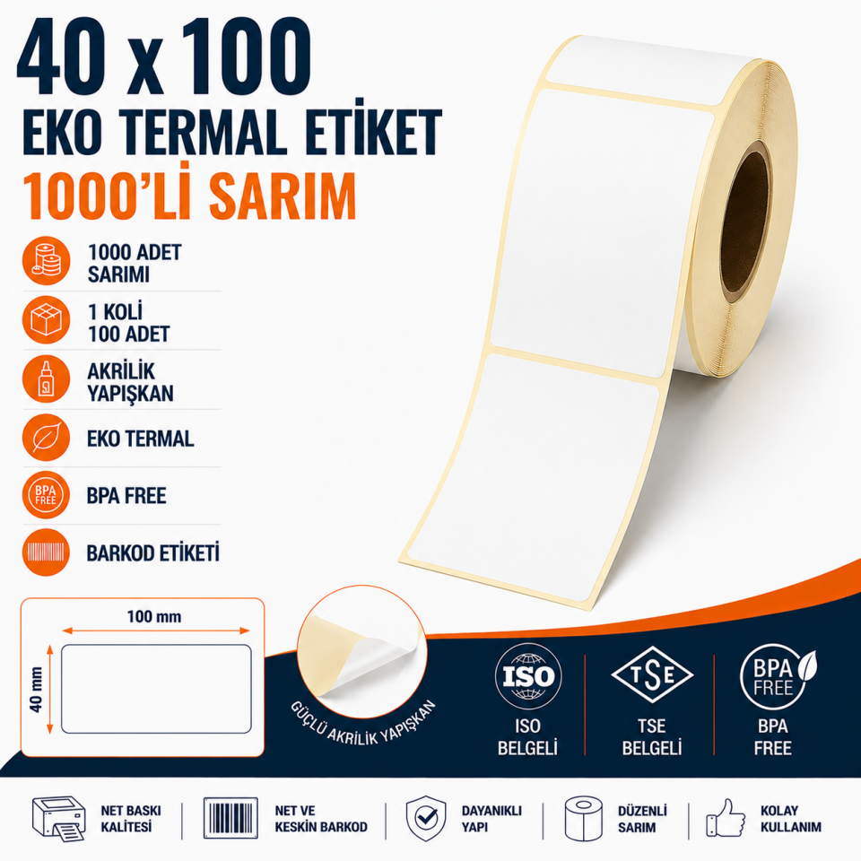 40x100 Eko Termal Etiket 1000 Sarım 100 Adet 1 Koli | Resan