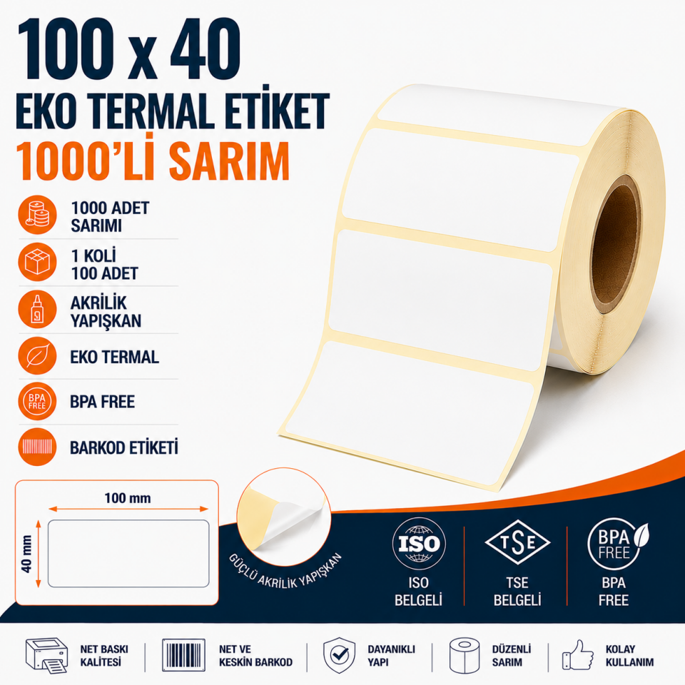 100x40 Eko Termal Etiket 1000 Sarım 100 Adet 1 Koli | Resan