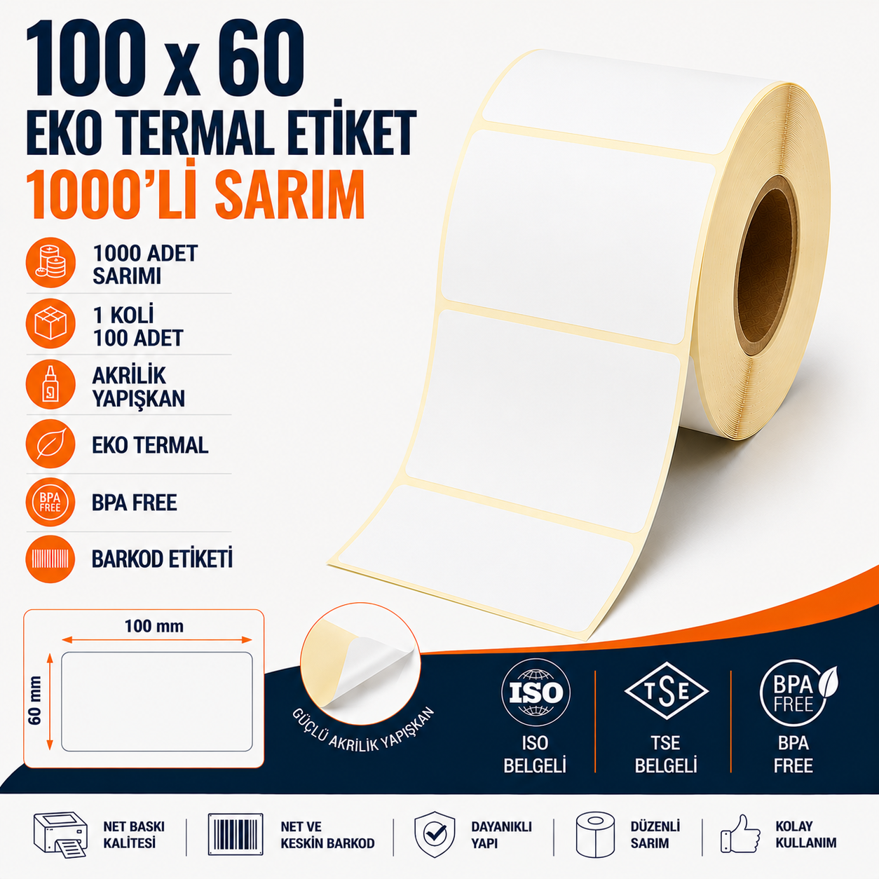 100x60 Eko Termal Etiket 1000 Sarım 100 Adet 1 Koli | Resan