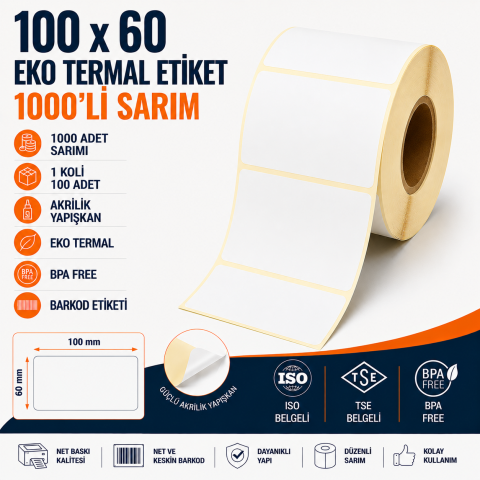 100x60 Eko Termal Etiket 1000 Sarım 100 Adet 1 Koli | Resan
