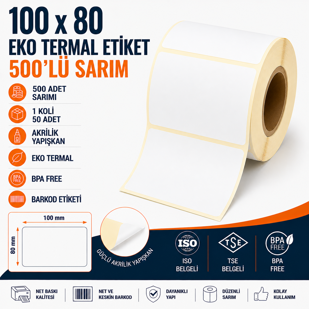 100x80 Eko Termal Etiket 500 Sarım 50 Adet 1 Koli | Resan