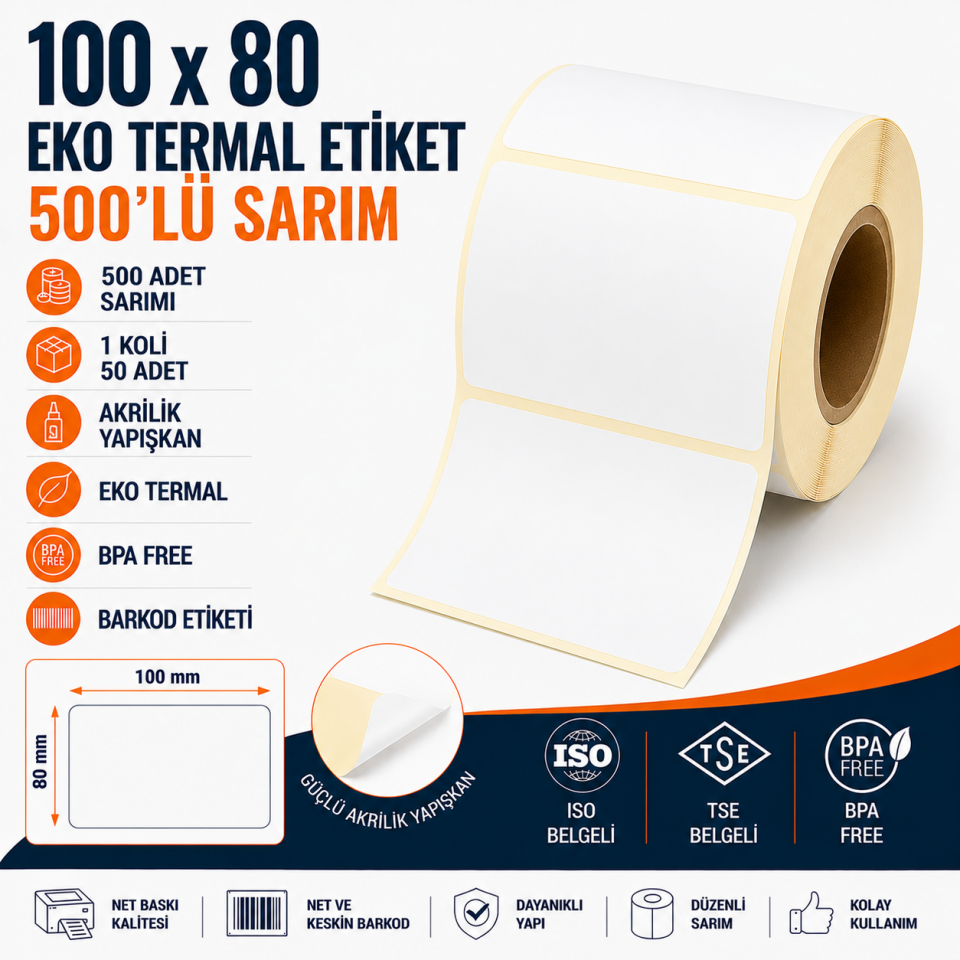 100x80 Eko Termal Etiket 500 Sarım 50 Adet 1 Koli | Resan