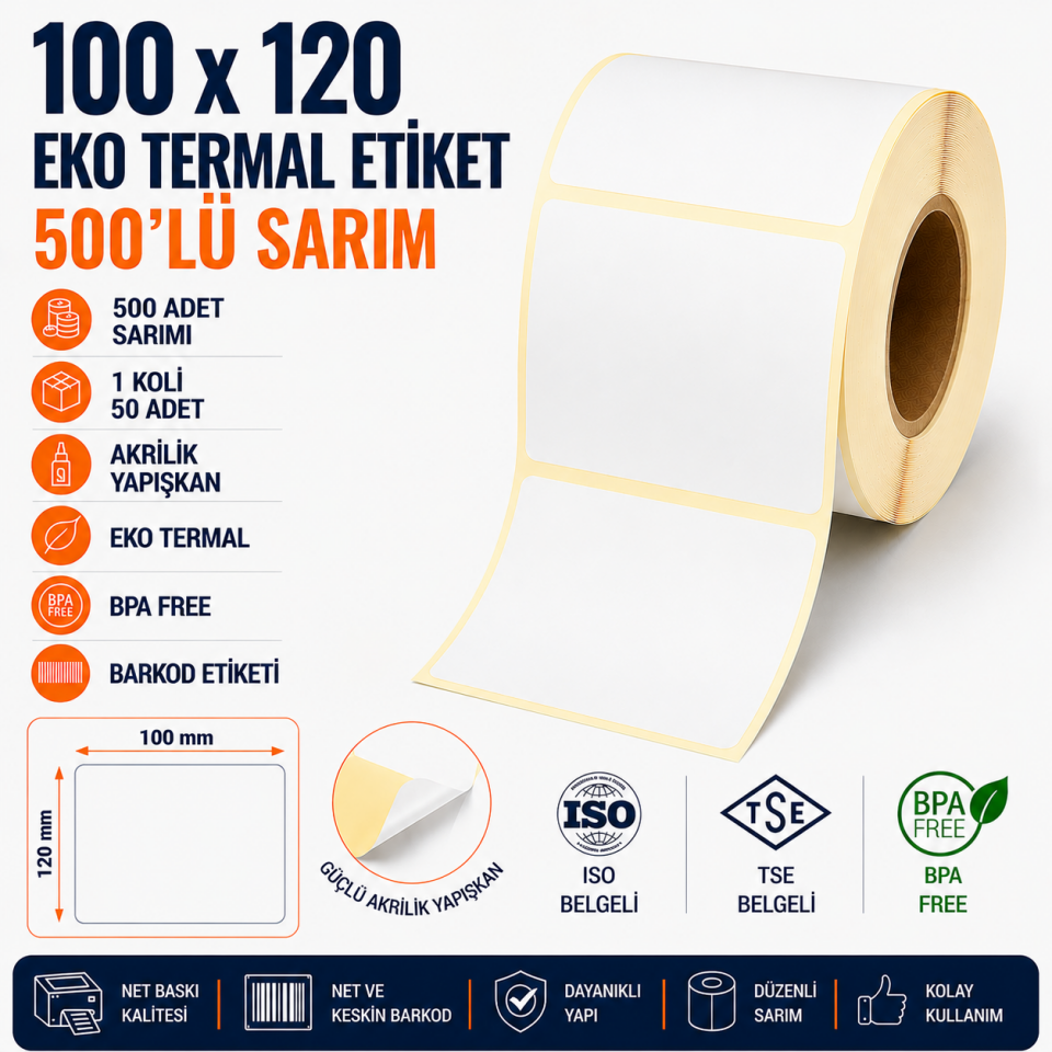 100x120 Eko Termal Etiket 500 Sarım 50 Adet 1 Koli | Resan