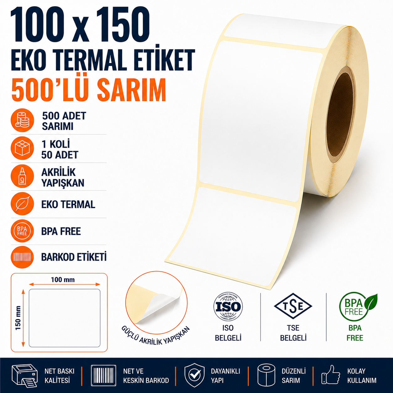 100x150 Eko Termal Etiket 500 Sarım 50 Adet 1 Koli | Resan