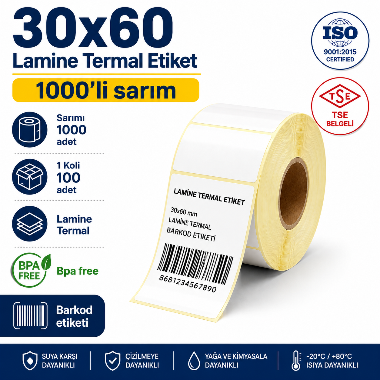 30x60 Lamine Termal Etiket 1000 Sarım 100 Adet 1Koli | Resan