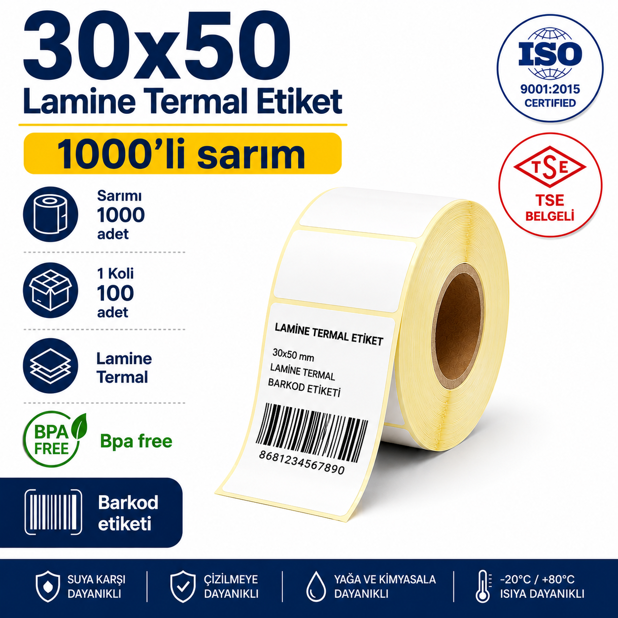 30x50 Lamine Termal Etiket 1000 Sarım 100 Adet 1Koli | Resan