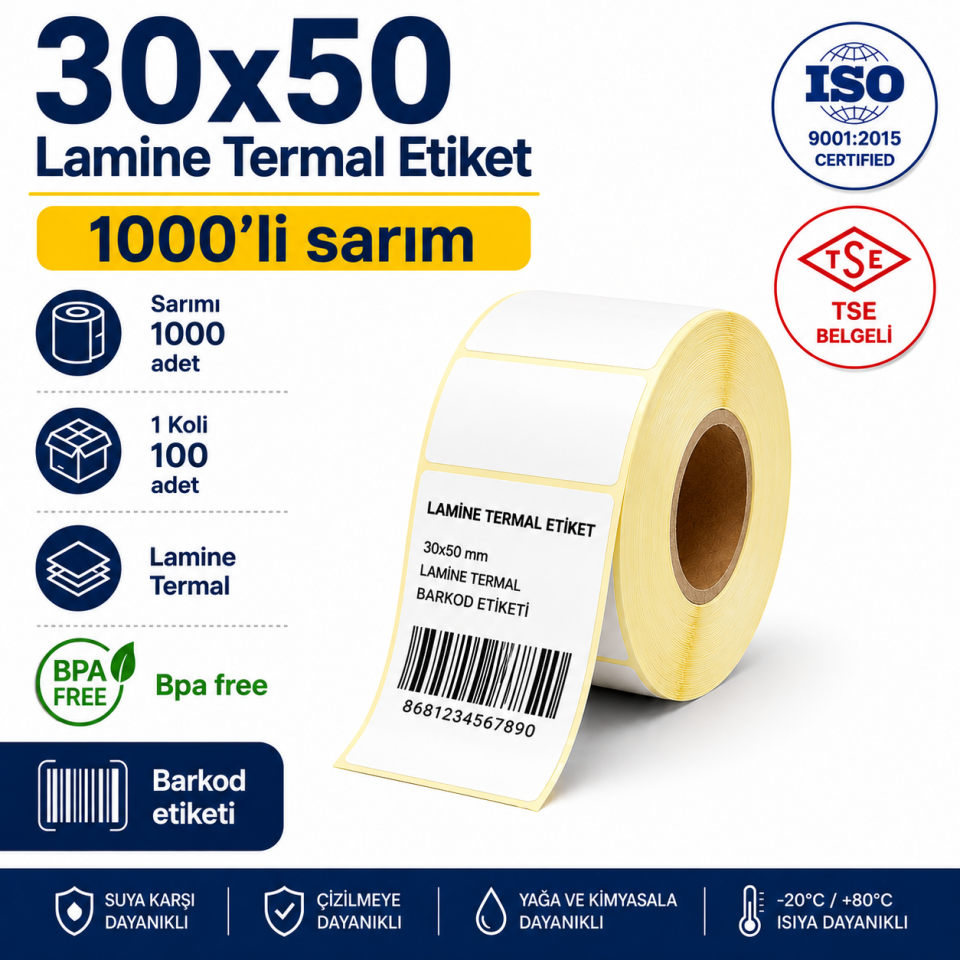 30x50 Lamine Termal Etiket 1000 Sarım 100 Adet 1Koli | Resan