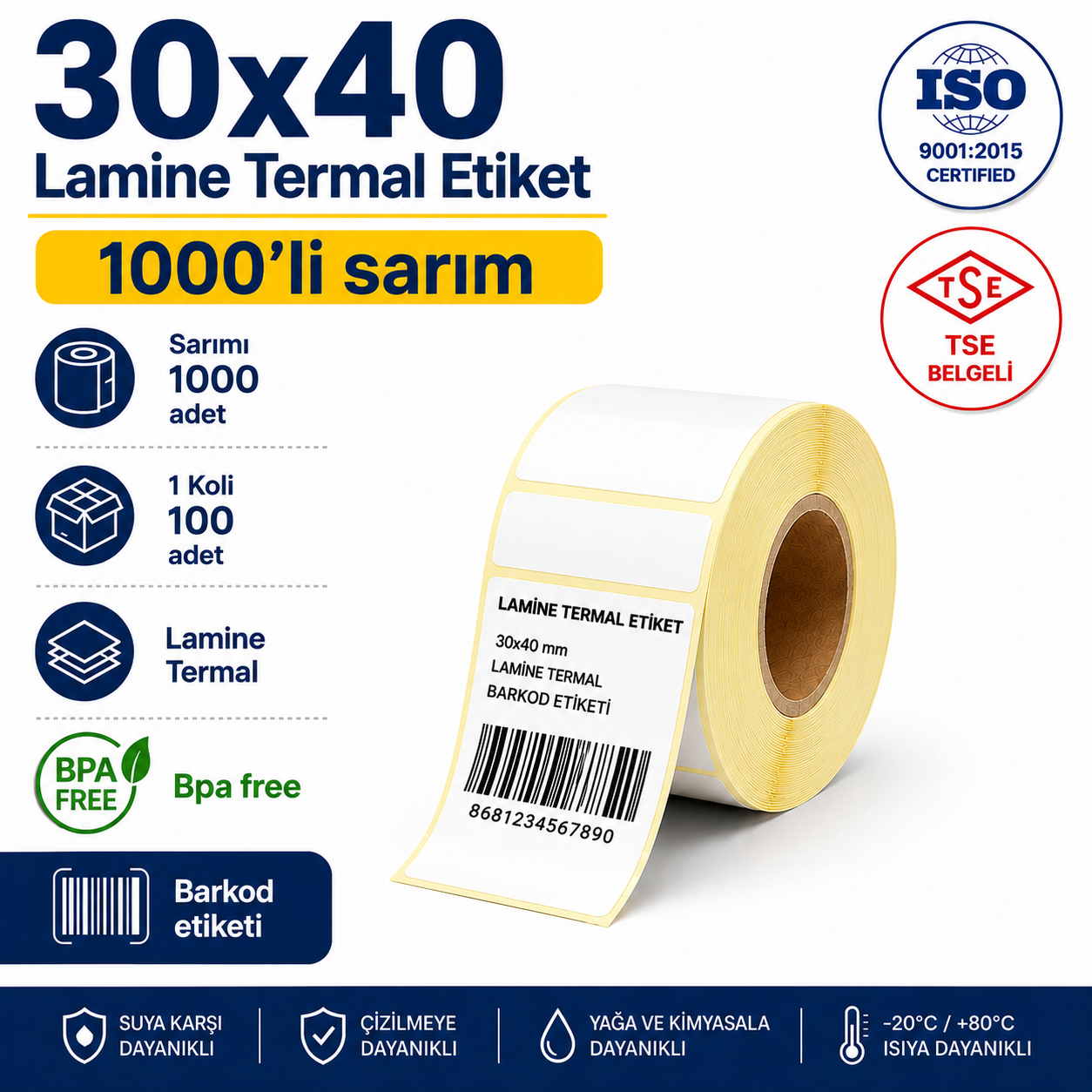 30x40 Lamine Termal Etiket 1000 Sarım 100 Adet 1Koli | Resan