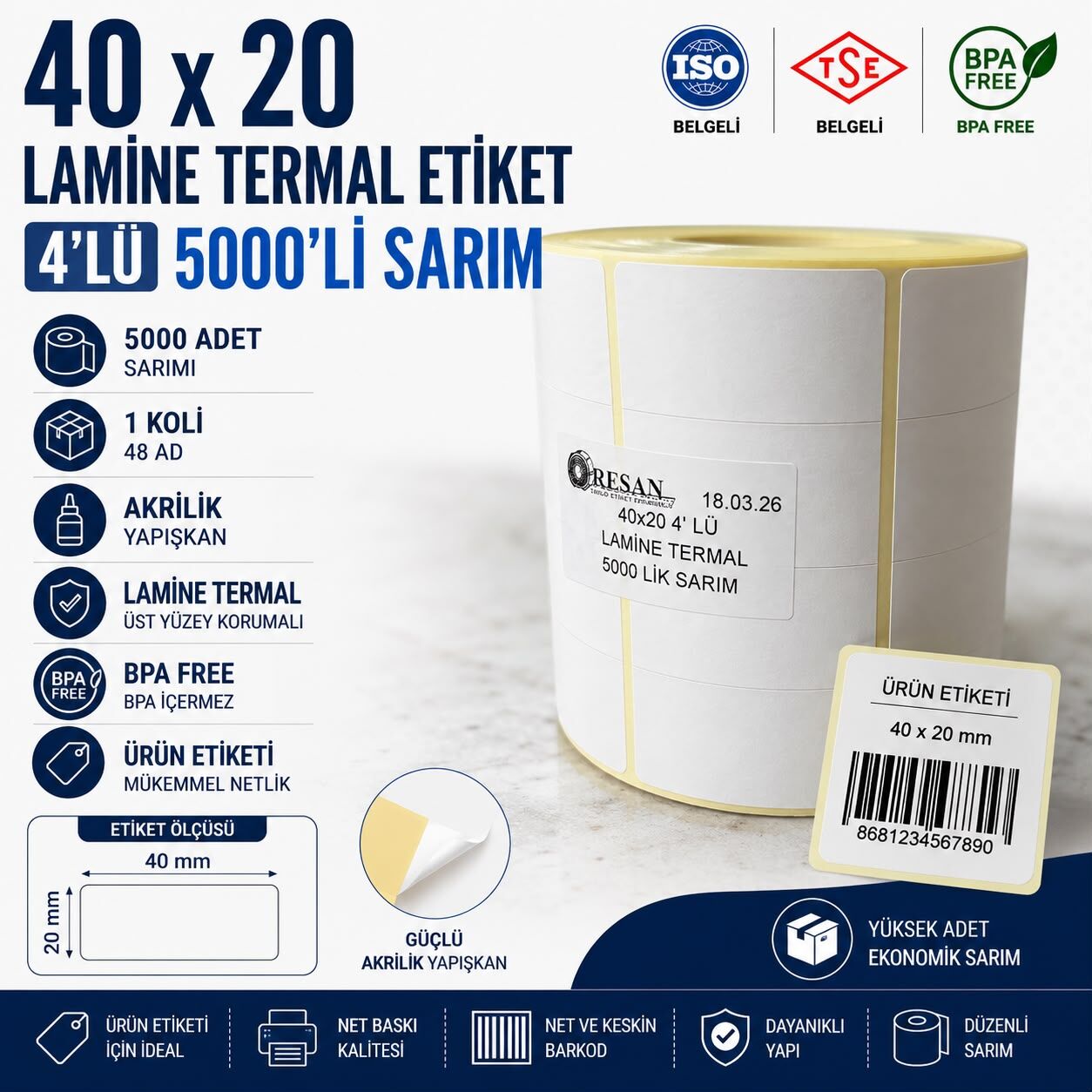 40X20 Lamine Etiket 4'LÜ 5000 Sarım 45 Adet 1Koli | Resan