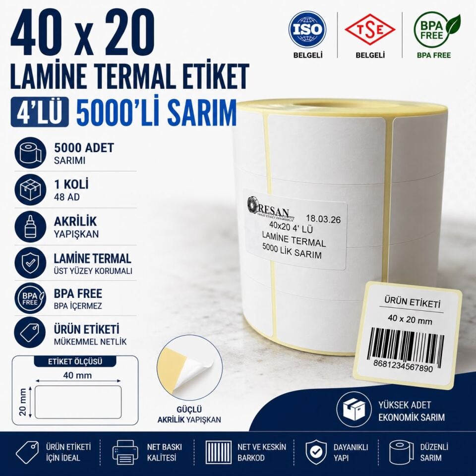 40X20 Lamine Etiket 4'LÜ 5000 Sarım 45 Adet 1Koli | Resan