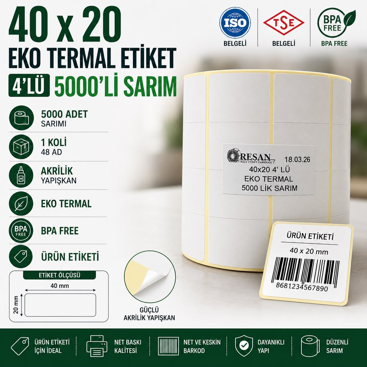 40x20 Eko Termal Etiket 4'lü 5000 Sarım 48 Adet 1Koli |Resan